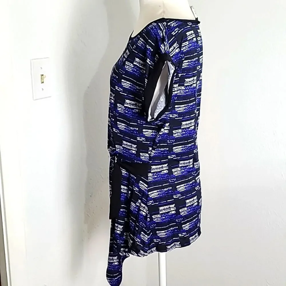 Mandy Evans Navy, Black & White Print Top, Aysemetrical Hem with Belt, Sz Large - Picture 6 of 9
